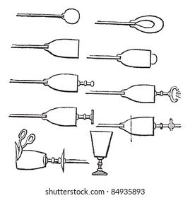 Proceso de Fabricación de Vidrio Bebida, ilustración vintage grabada. Enciclopedia Trousset (1886-1891).
