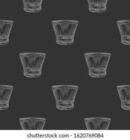 Drinking glass seamless pattern on black background. Restaurant and bar menu concept. Vintage engraved style. Monochrome vector illustration.