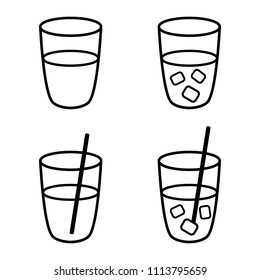 Drinking glass vector icon set, ice cubes, straw, water or cocktail refreshment icon set