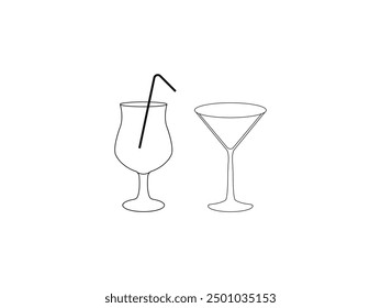 Drinking Glass Vector Outline for Cocktail, Martini, Wine, Refreshing Beverages and Tropical Summer Drinks with Straw - Stylish and Elegant Glassware Design for Bars, Restaurants, and Beach Parties.