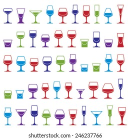 Drinking glasses collection, martini, wineglass, cognac, whiskey and champagne. Alcohol theme simple illustrations, lifestyle design elements. Different goblets.