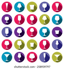 Drinking glasses collection. Martini, wineglass, cognac, whiskey and champagne. Alcohol theme simple illustrations, lifestyle design elements. Different goblets.
