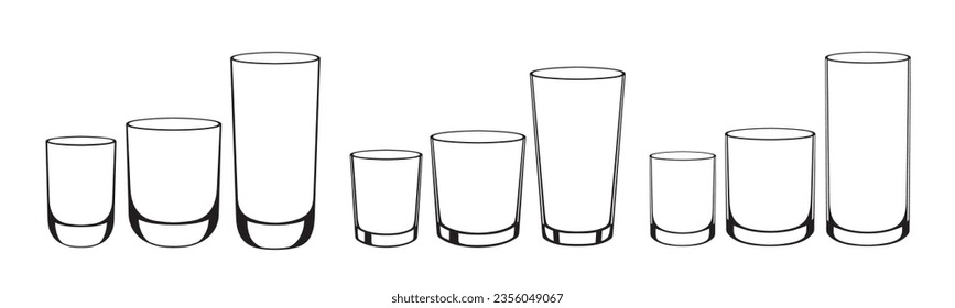 Los anteojos para beber establecen un contorno de negro sobre blanco en varios estilos y tamaños. Ilustración de vectores aislada, eps