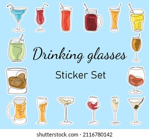 Drinking glasses. Sticker set of glasses for juice, wine, martini, champagne, whiskey, beer and other. Modern Minimalist Style. One continuous line drawing. Vector  
