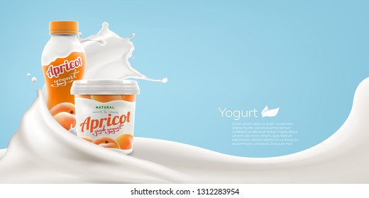 Drinking and greek yogurt with natural apricot taste and flavor with splashing milk swirl commercial realistic branding ready vector mock-up illustration for ads and product design