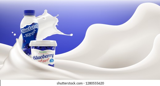 Drinking and greek yogurt with natural blueberry taste and flavor with splashing milk swirl commercial vector mock-up hyperrealistic illustration for ads and product design