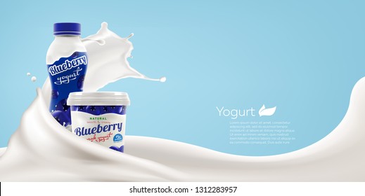 Drinking And Greek Yogurt With Natural Blueberry Taste And Flavor With Splashing Milk Swirl Commercial Realistic Branding Ready Vector Mock-up Illustration For Ads And Product Design