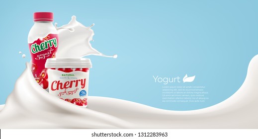 Drinking and greek yogurt with natural cherry taste and flavor with splashing milk swirl commercial realistic branding ready vector mock-up illustration for ads and product design