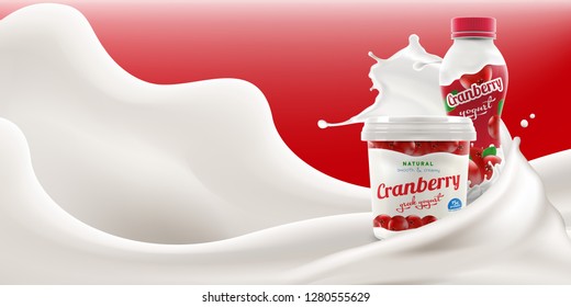 Drinking and greek yogurt with natural cranberry taste and flavor with splashing milk swirl commercial vector mock-up hyperrealistic illustration for ads and product design