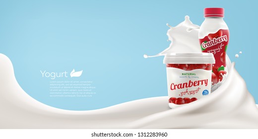 Drinking and greek yogurt with natural cranberry taste and flavor with splashing milk swirl commercial realistic branding ready vector mock-up illustration for ads and product design