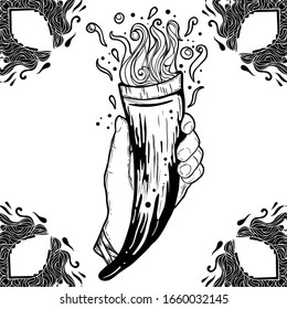 Drinking horn Viking decorated with Scandinavian ornaments in tattoo art style.