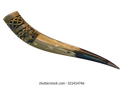 Drinking horn Viking decorated with Scandinavian ornaments, isolated on white, vector illustration