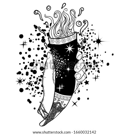 Drinking horn Viking decorated with Scandinavian ornaments in tattoo art style.