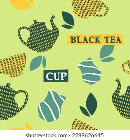 Drinking hot beverage, black tea leaf and pots with cups. Aromatic and tasty drink. Menu of restaurant or cafe, offering assortment. Seamless pattern or print, background. Vector in flat style