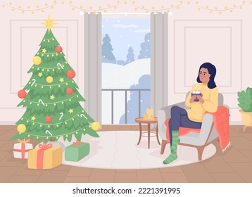 Drinking hot cocoa at home flat color vector illustration. Xmas holiday. Cozy weekends. Winter season. Fully editable 2D simple cartoon characters with festive Christmas atmosphere on background