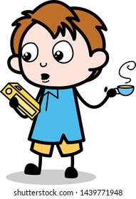 Drinking Hot Tea and Reading Book - School Boy Cartoon Character Vector Illustration