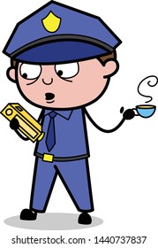 Drinking Hot Tea While Searching a Book - Retro Cop Policeman Vector Illustration