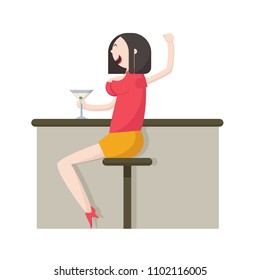 Drinking lady sit in Bar. Funny Cartoon Character