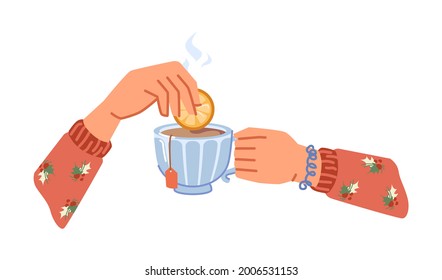 Drinking or making aromatic hot beverage, isolated hands holding cup of tea with slice or lemon or orange and bag. Warm drink in restaurant or cafe, served in mug. Vector in flat cartoon style