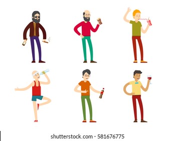 Drinking men collection of different lifestyle with various beverages in flat style isolated vector illustration