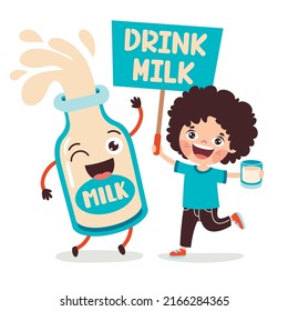 Drinking Milk Concept With Cartoon Character