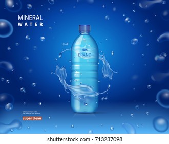 Drinking mineral water bottle ad on blue background with shiny sparkling drops. realistic 3d vector illustration