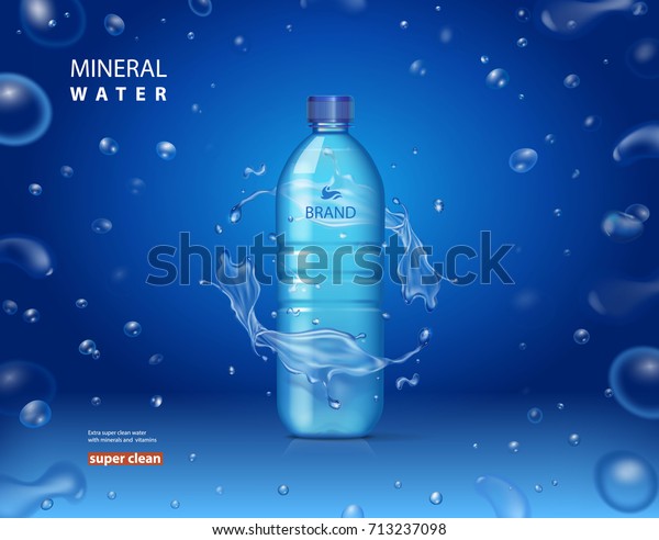 青の背景に輝くきらめく滴を持つ 飲用のミネラルウォーターボトル リアルな3dベクター画像イラスト のベクター画像素材 ロイヤリティフリー