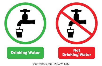 Drinking and non-drinking water icon set. Drinking water and not-drinking water point tap icon flat web sign symbol. No water sign symbol. Potable and non-potable sign. Safe and unsafe.