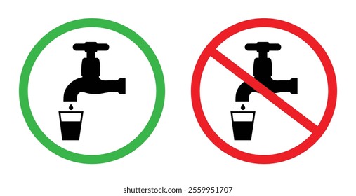 Drinking and non-drinking water icon set. Drinking water and not-drinking water point tap icon flat web sign symbol. No water sign symbol. Potable and non-potable sign. Safe and unsafe.