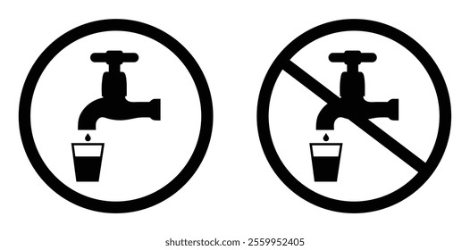 Drinking and non-drinking water icon set. Drinking water and not-drinking water point tap icon flat web sign symbol. No water sign symbol. Potable and non-potable sign. Safe and unsafe.