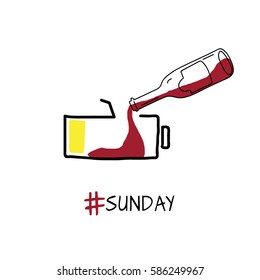 Drinking on Sunday and recharging with alcohol concept. vector hand drawn illustration of battery and wine bottle