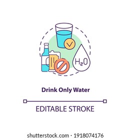Icono de concepto de consumo de agua. Ilustración de línea delgada de la idea de la punta de la prueba de sangre. Asesoramiento médico. Ayunando. Evitación de bebidas con alto contenido de calorías. Dibujo de color RGB con contorno aislado del vector. Trazo editable