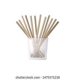 Drinking paper straws in glass. Zero waste concept flat white background