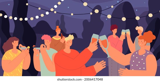 Drinking Party. Young People In Garden, Woman Drinking With Friends In Park. Outdoor Food Festival With Wine, Students Night Picnic Utter Vector Scene