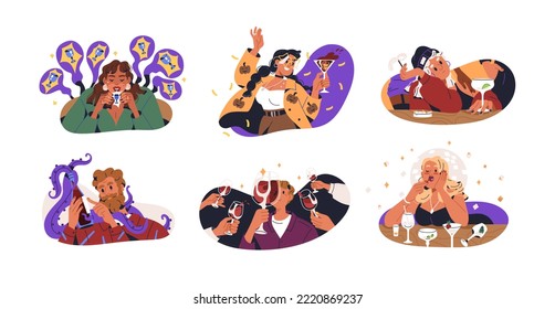 Drinking people set. Alcohol abuse, addiction concept. Drunk men, women with wine glasses at party, excessive cocktails in club, spirits in pub. Flat vector illustrations isolated on white background