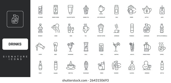 Drinking person, summer cocktail and soda water thin black symbols vector illustration. Drinks, bar and restaurant beverage menu, glass of alcohol, hot coffee and bubble tea line icon set.