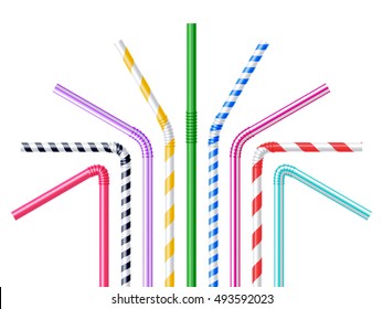 Drinking plastic straws in different colors with stripes realistic vector illustration 