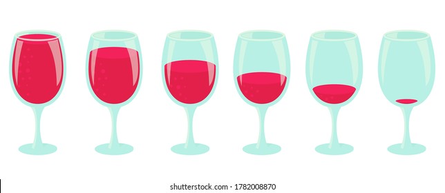 Drinking process. Different amount of beverage. Set of glasses with red drink. Small to large. Animation progression stages vector infographic.