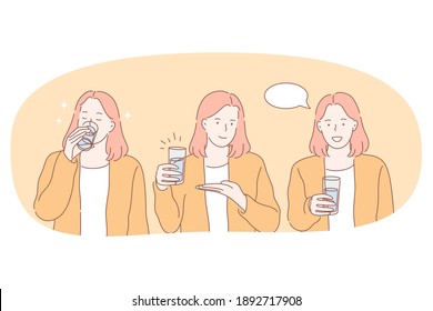 Drinking Pure Water Concept. Young Smiling Woman Cartoon Character Showing Clean Water And Drinking Water From Glass For Refreshing Vector Illustration 