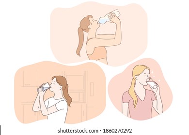 Drinking Pure Water, Liquid, Health Concept. Young Women Cartoon Characters Drinking Clear Still Water From Bottle Or Glass At Home Or During Workout. Detox, Diet, Refreshment Vector Illustration 