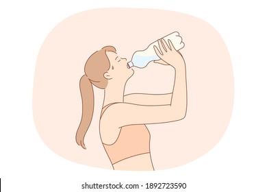 Drinking pure water, liquid, health concept. Young woman cartoon character drinking clear still water from bottle at home or during workout. Detox, diet, refreshment vector illustration