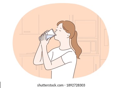 Drinking pure water, liquid, health concept. Young women cartoon characters drinking clear still water from glass at home. Detox, diet, refreshment vector illustration 