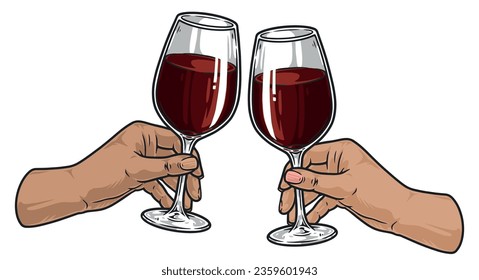 Etiqueta de vino tinto colorida con manos hembras sosteniendo la copa de vino con burdeos o chardonnay para el diseño publicitario de bodega ilustración vectorial