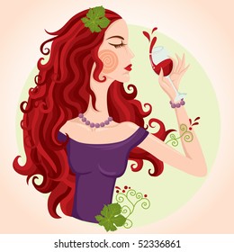 Drinking red wine lady illustration