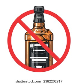 Drinking restrictions logotype colorful with bottle of cognac crossed out in protest against alcohol industry vector illustration