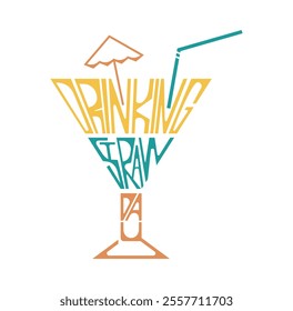 Drinking Straw Day hand drawn lettering. January background words are inscribed in the shape of a glass with umbrella.