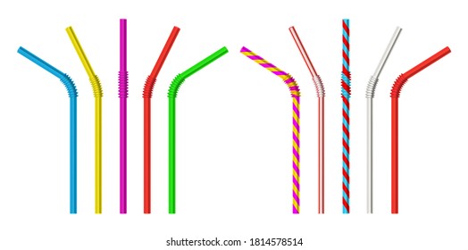 Drinking straw. Realistic classic plastic striped and colorful direct and bended drinking straws isolated objects 3d vector illustration set. Realistic pipe straw bend for cocktail or juice