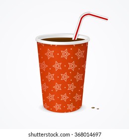 Drinking Straw and Red Cup with Drops. Vector illustration