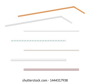 Drinking straw set isolated on white background, realistic illustration. Paper and plastic drinking straws, vector template for design.
