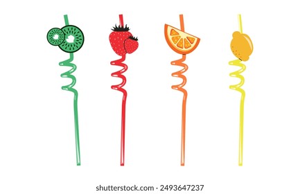 Drinking straws colored Curly Spiral Reusable Straws with Silicone Buckles drink sticks set, flat doodle style colorful vector illustration isolate on white red , orange, green and yellow birthday